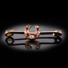 Load image into Gallery viewer, Stunning Antique 9K Gold Ruby &amp; Diamond Horseshoe Brooch
