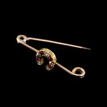 Load image into Gallery viewer, Stunning Antique 9K Gold Ruby &amp; Diamond Horseshoe Brooch
