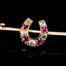 Load image into Gallery viewer, Stunning Antique 9K Gold Ruby &amp; Diamond Horseshoe Brooch
