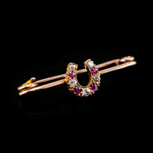 Load image into Gallery viewer, Stunning Antique 9K Gold Ruby &amp; Diamond Horseshoe Brooch
